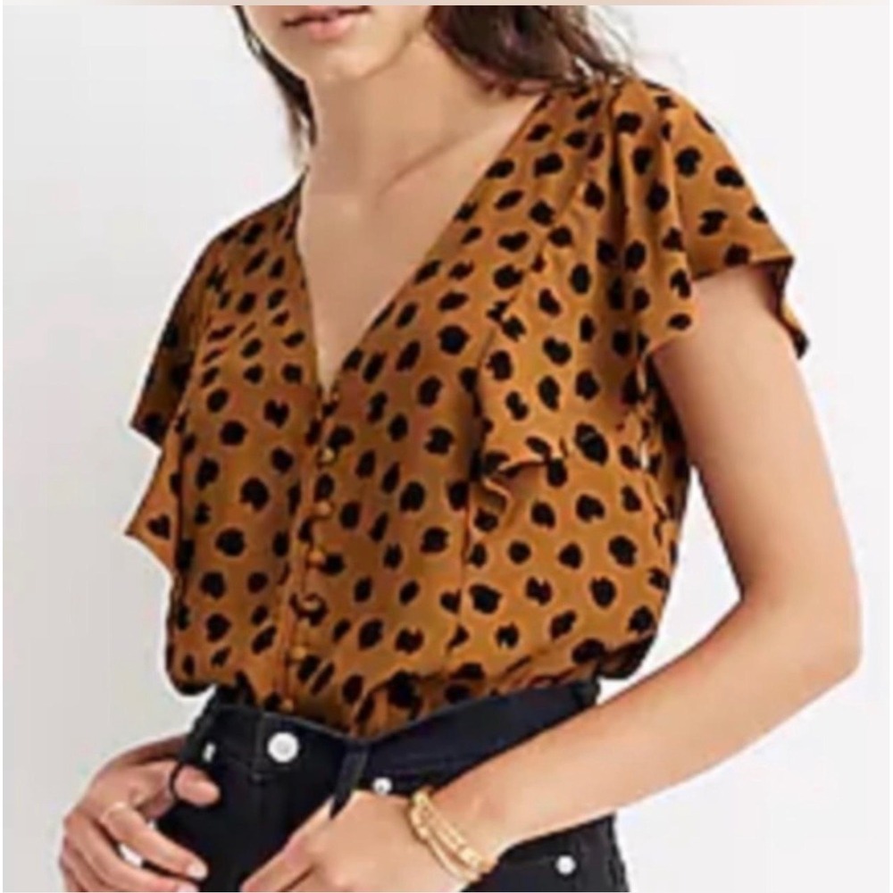 Madewell Carmelina Flutter Sleeve Top Painted Spots Mustard Yellow Black Size 12